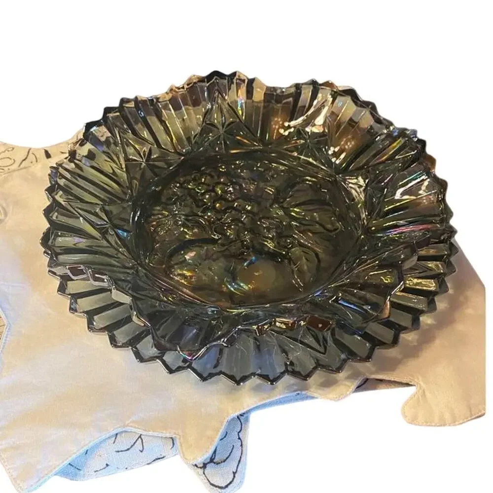 Smoke iridescent carnival glass Federal Glass platter Pioneer Fruit design 10